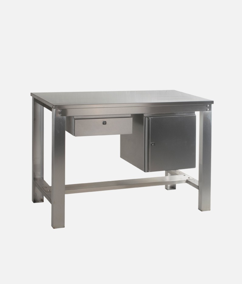 stainless steel workbench with cupboard and drawer