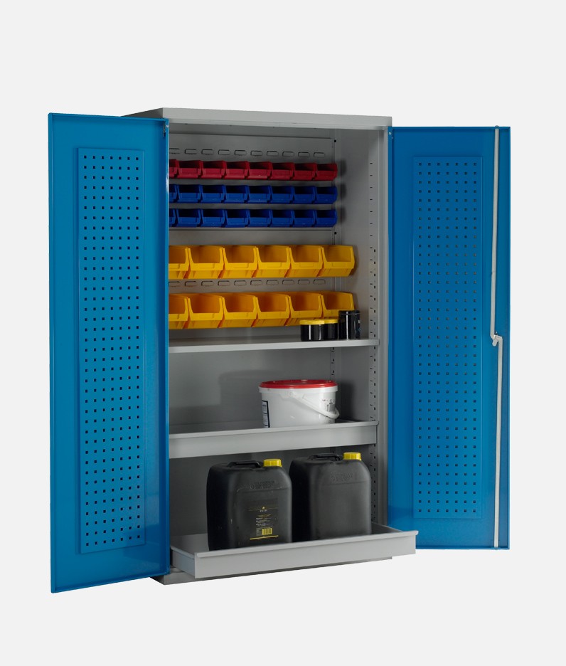 an easy order cabinet with bins and shelves