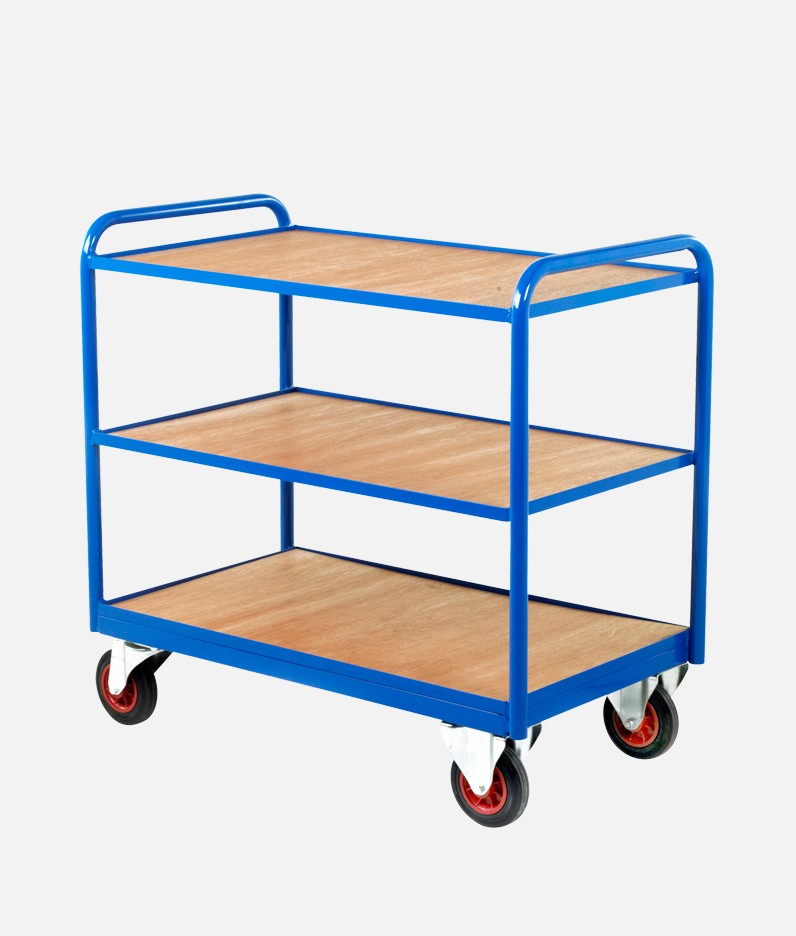 wooden surface industrial tray trolley