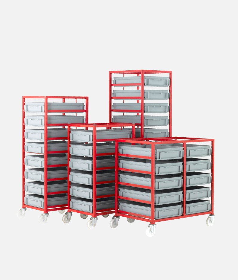 group of mobile tray racks