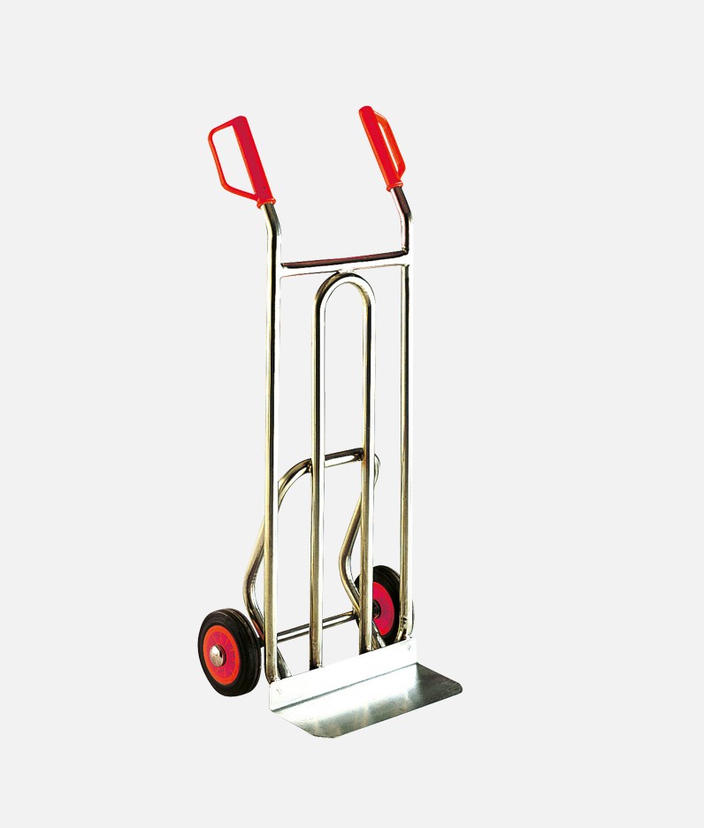 an upright stainless steel sack truck