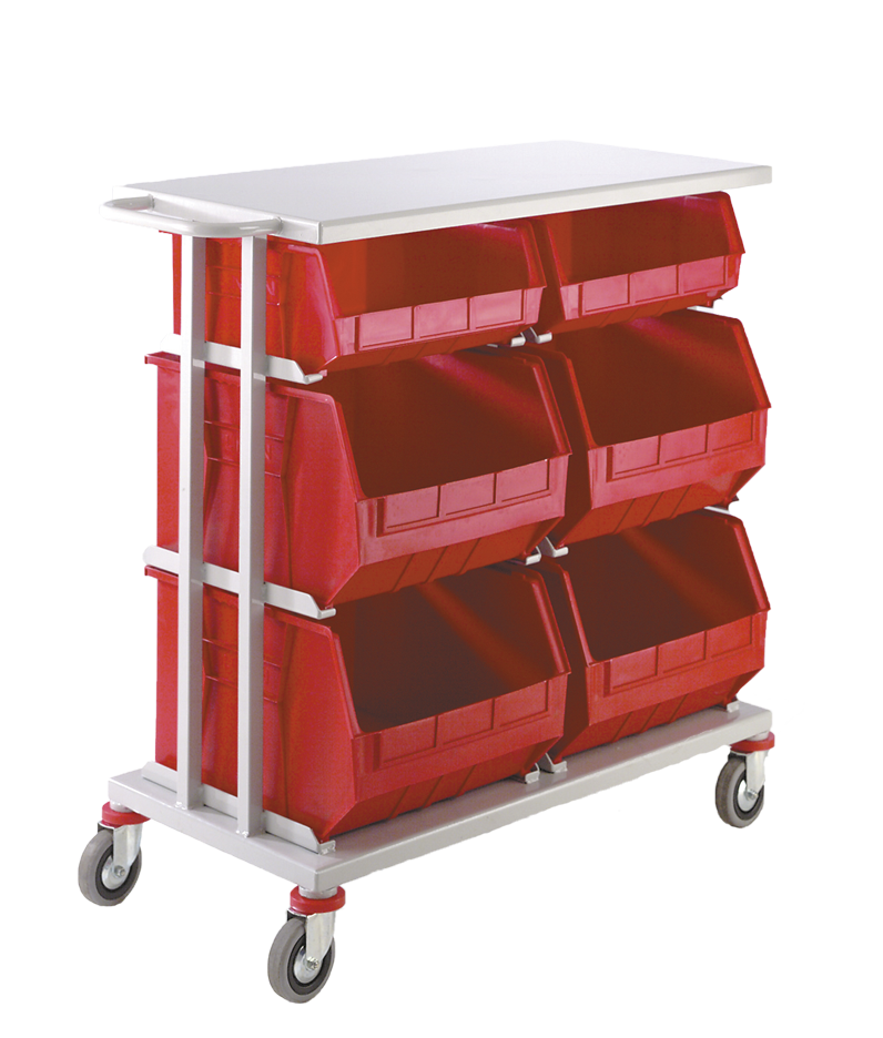 a trolley with plastic boxes and flat top